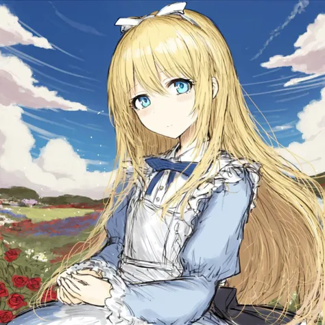 1girl, blonde hairs, golden eyes, beautiful, detailed eyes, flowery meadow, cumulonimbus cloud, lighting, detailed sky, garden, alice in wonderland, alice, white and blue dress<lyco:blacksouls_style-000013:0.8>blacksouls_style