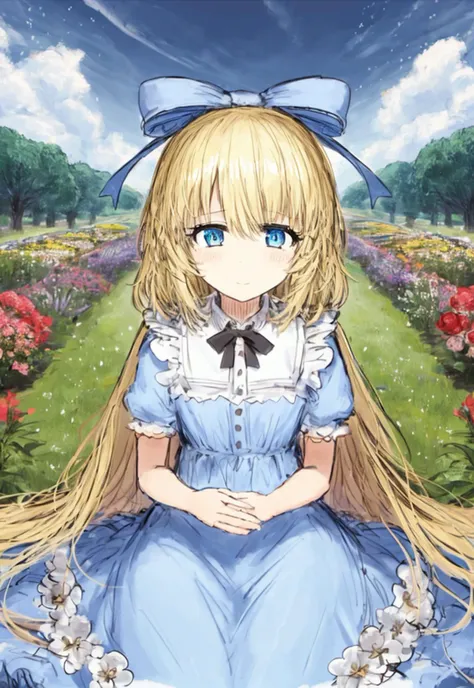 1girl, blonde hairs, golden eyes, beautiful, detailed eyes, flowery meadow, cumulonimbus cloud, lighting, detailed sky, garden, alice in wonderland, alice, white and blue dress<lyco:blacksouls_style-000010:1>blacksouls_style