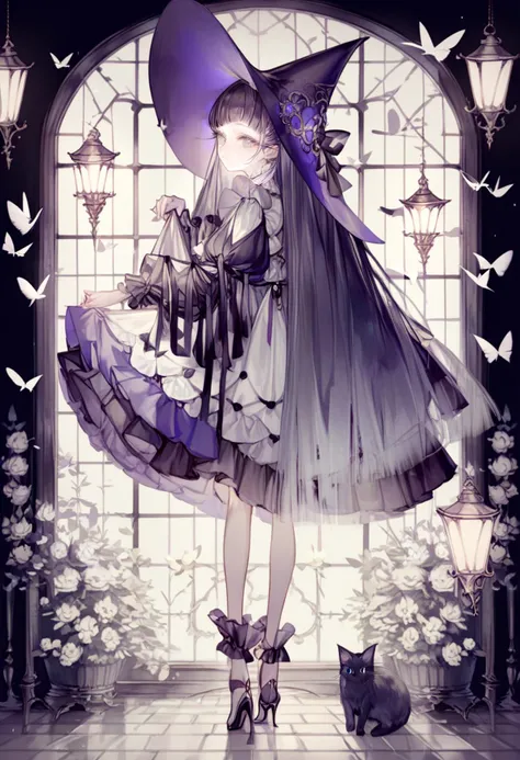 score_9, score_8_up, score_7_up, score_6_up, <lora:yoggiXL_P6_lokr_V43P1:0.95> 1girl, cat, long hair, hat, dress, bug, butterfly, witch hat, solo, black cat, looking at viewer, very long hair, black hair, lantern, frills, witch, long sleeves, frilled dress, full body, black headwear, black background, standing, animal, purple eyes, grey eyes, purple headwear, closed mouth, puffy sleeves, window, blunt bangs, white dress, looking back, bow, lamp, black dress, flower