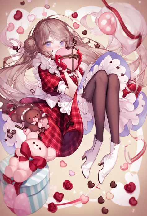 score_9, score_8_up, score_7_up, score_6_up, <lora:yoggiXL_P6_lokr_V43P1:0.95> 1girl, long hair, solo, dress, food, brown hair, red dress, plaid, thighhighs, plaid dress, chocolate, heart, box, holding, gloves, puffy sleeves, gift, blush, short sleeves, very long hair, apron, candy, puffy short sleeves, purple eyes, frills, looking at viewer, boots, stuffed animal, teddy bear, brown thighhighs, stuffed toy, white apron, valentine, gift box, blue eyes, bow, white footwear, covered mouth, frilled apron, full body, red gloves, heart-shaped chocolate, high heels, heart-shaped box, plaid background, holding food, brown background, rose, flower, black thighhighs, frilled dress