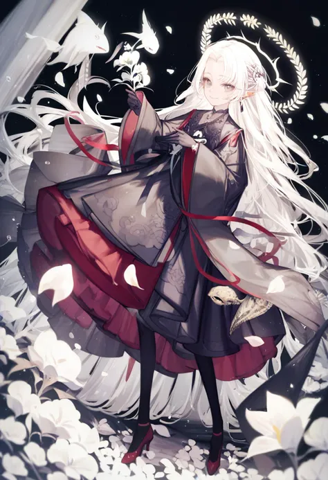 score_9, score_8_up, score_7_up, score_6_up, <lora:yoggiXL_P6_lokr_V43P1:0.95> 1girl, long hair, solo, dress, black dress, white hair, halo, gloves, very long hair, black gloves, full body, high heels, looking at viewer, holding, pantyhose, flower, long sleeves, holding flower, ribbon, parted bangs, petals, red footwear, black pantyhose, grey eyes, closed mouth, black background, standing, wide sleeves, smile, shoes, jewelry, pointy ears, fish, earrings, hair ornament