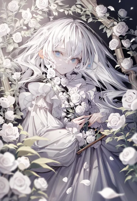 score_9, score_8_up, score_7_up, score_6_up, <lora:yoggiXL_P6_lokr_V43P1:0.95> 1girl, flower, solo, long hair, white flower, dress, rose, picture frame, looking at viewer, white rose, white hair, blue eyes, long sleeves, frills, floating hair, black background, holding, upper body, very long hair, blurry, white dress, petals, depth of field, hair between eyes, frilled sleeves, plant