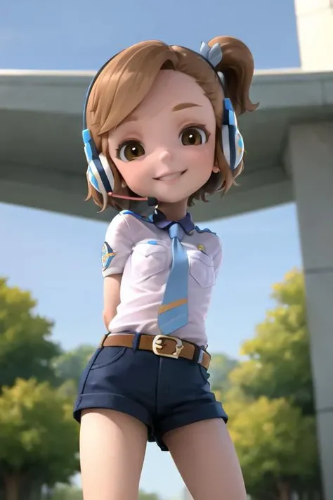 female child, swsky, short hair, brown hair, side ponytail, headphones, belt, shorts, shirt, necktie, smile, standing, (forest:1.3), looking at viewer, from below, arms behind back <lora:Sky_Superwings:0.8>