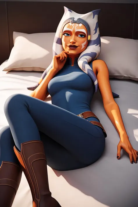 score_9, score_8_up, score_7_up, score_6_up, score_5_up, score_4_up, AhsokaTanoXL, blue eyes, tentacle hair, orange skin, colored skin, facial mark, medium breasts, blue dress, skirt, blue pants, bare shoulders, guantlets, hip armor, skirt,blue pants, brown boots, solo, lying on bed, seductive smile, looking at viewer, indoors <lora:AhsokaTanoXL:0.7>