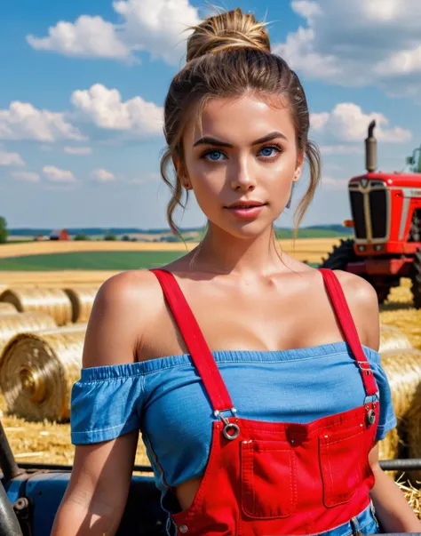 <lora:RsmDawnXL_V1:1>, 16mm, remarkable color, ultra realistic, analog photo, Beautiful super model, highly detailed face, seducing eyes, wearing overalls, cropped off-shoulder tank top, in a barn, hay in the background, tractors. Bright sunny day. bokeh, professional, 4k, highly detailed dynamic lighting, photorealistic, intricate details, key visual, vivid colors