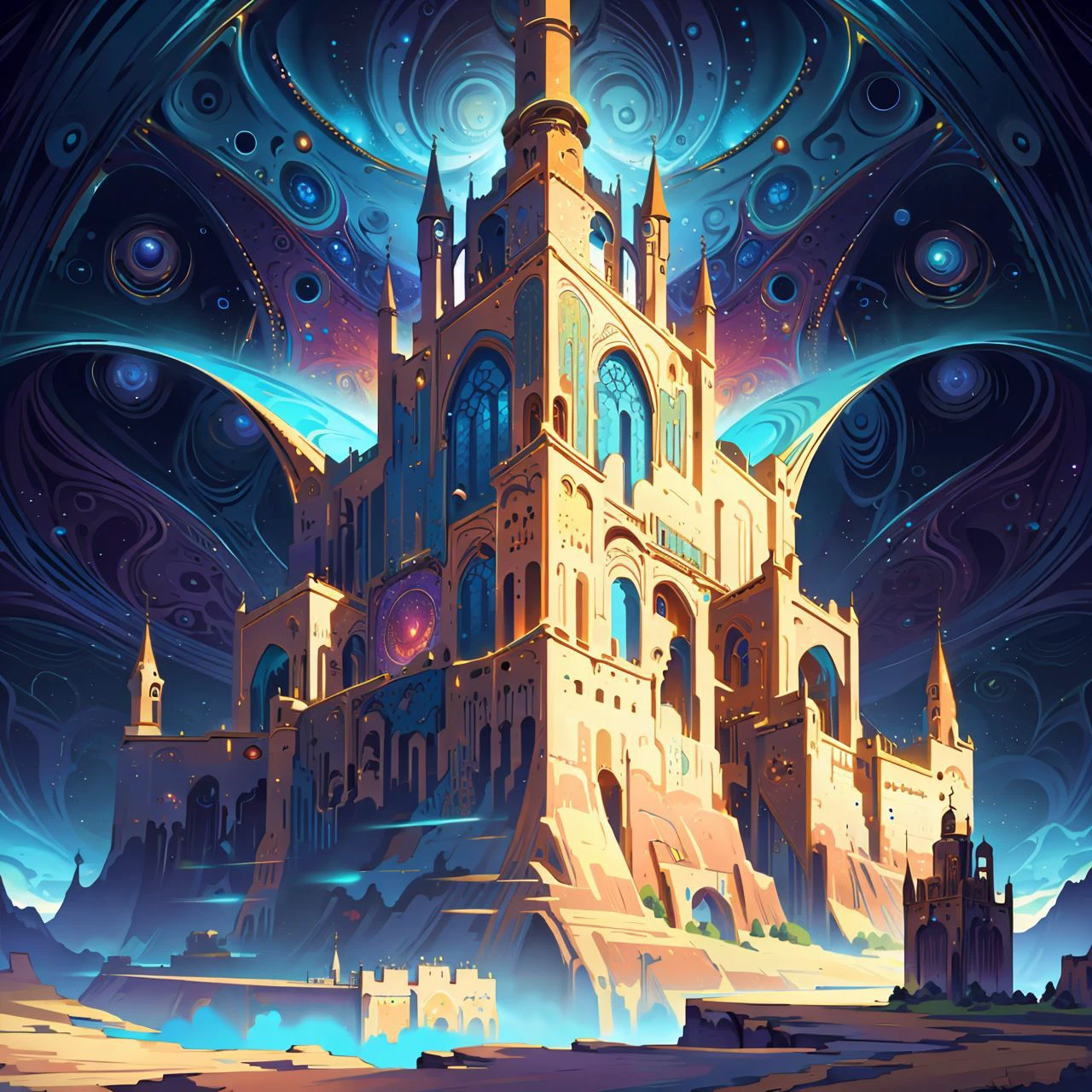 wallpaper, background, scenic landscape, tessellated, topographic style, psychedelic, highly detailed, sharp focus, fractal, <lora:AetherPunkAI:1>