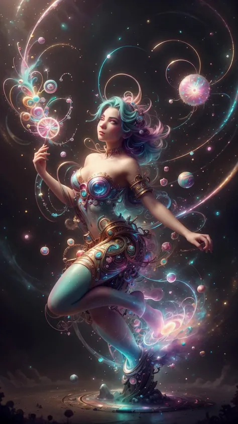 a beautiful whimsical woman standing under a multi-colored binary blackhole with an accretion disc, casting magic, glowing trails following her arms, wearing professional makeup, by Lois van Baarle, by Greg Rutkowski, by artgerm, by beeple, by studio ghibli, cinematic angle, volumetric lighting, 4k resolution, octane render, trending on artstation, masterpiece <lora:AetherPunkAI:0.8> AetherPunkAI <lora:CandyMagic:0.8> candymagic , vibrant , sugary aura