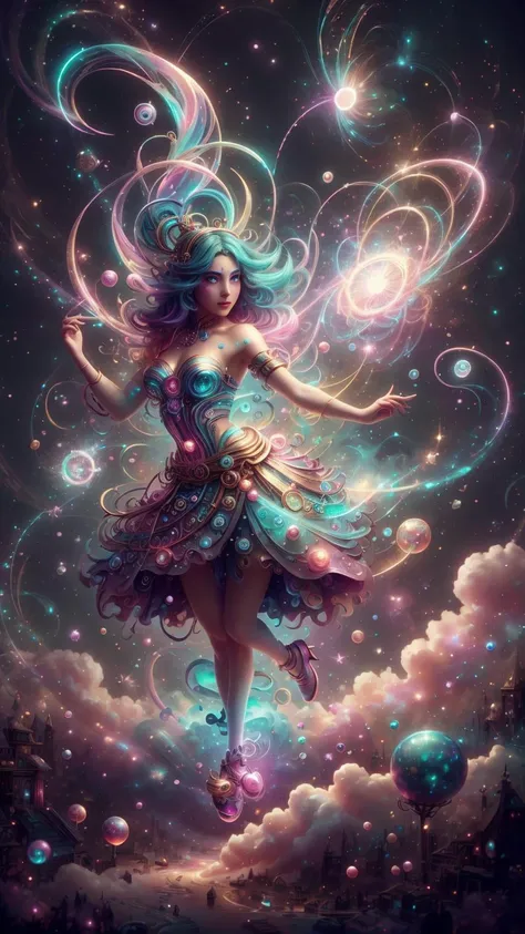 a beautiful whimsical woman standing under a multi-colored binary blackhole with an accretion disc, casting magic, glowing trails following her arms, wearing professional makeup, by Lois van Baarle, by Greg Rutkowski, by artgerm, by beeple, by studio ghibli, cinematic angle, volumetric lighting, 4k resolution, octane render, trending on artstation, masterpiece <lora:AetherPunkAI:0.8> AetherPunkAI <lora:CandyMagic:0.8> candymagic , vibrant , sugary aura