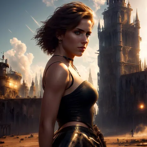 raw photo of European full-body young woman dressed light skirt, breast tightener, 23 years old, hyper detailed realistic face, realistic eyes, detailed skin pores, woman stands in the middle of the wasteland, close up, <lora:AetherPunkAI:1>, fantastic cinema shot, 8k hdr reflections, ruined city on background, looking directly at the camera, realistic shadows and reflections, high resolution beautiful face portrait