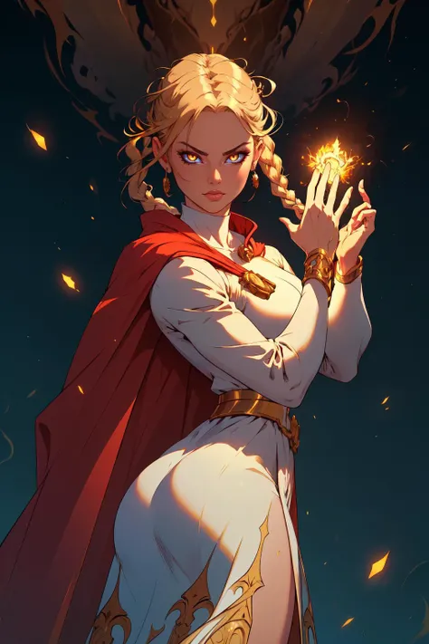 (masterpiece, best quality, absurdres, 4k, aesthetic, detailed, intricate, perfect lighting),dynamic pose,abstract background,cinematic angle,1girl,casting magic spell,serious,wind gust,hands raised,ovelia atkascha, twin braids, red cape, white dress,gold glow,gold energy,gold aura,beams <lora:ovelia-nvwls-v1:0.7> <lora:r1ge - AnimeRage:0.4> r1ge