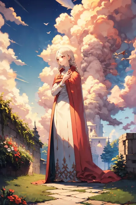 masterpiece, best quality, <lora:ovelia-nvwls-v1-000009:0.9> ovelia atkascha, twin braids, red cape, white dress, wide shot, garden, doves, sky, clouds