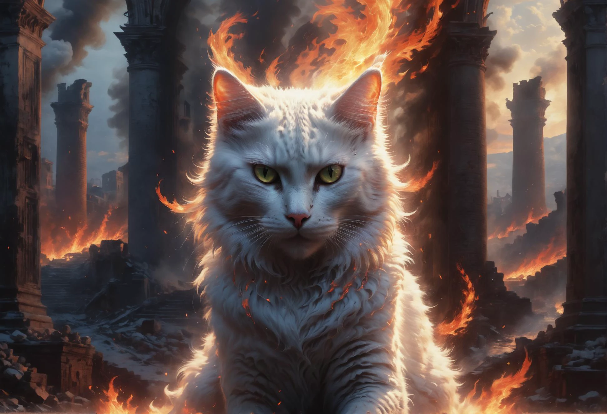 <lora:mythical beast:0.4> <lora:Knight Jack_style:0.5> white cat , embers, burning, In the background of ruins, but leaving flames, masterpiece, 8k,