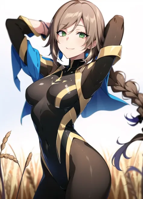 puuna, mastpiece, incredibly absurdres, best quality, arms behind head, 1girl, solo, forced smile, small breasts, (Light Brown hair and Light Brown gradient hair:1.4), parted bangs, (side braid:1.3), green eyes, detailed eyes, (hydropunk style clothing and setting:1.4), wearing bandanna and blazer with earrings and animal collar, (wheat field), beautiful background, amazing background