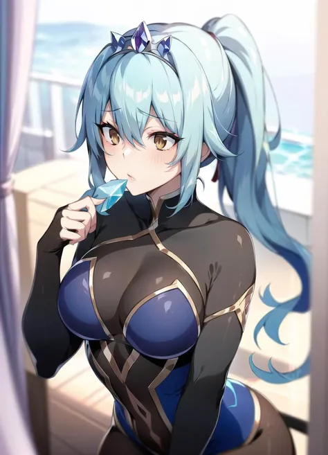 puuna, mastpiece, incredibly absurdres, best quality, all fours, 1girl, food awe, medium breasts, Aqua Blue hair and Aqua Blue (gradient hair:1.2), curtain Bangs, (short ponytail:1.3), dark brown eyes, detailed eyes, (crystalpunk style clothing and setting:1.4), wearing tiara and high-low skirt with no jewelry or neckwear, (harbor), beautiful background, amazing background