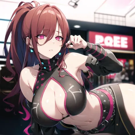 puuna, masterpiece, incredibly absurdres, best quality, paw pose, 1girl, solo, rolling eyes, large breasts, (Dark Red hair and Neon Pink gradient hair:1.4), parted bangs, (hair down:1.3), dark pink eyes, detailed eyes, (ironpunk style clothing and setting:1.4), wearing western clothes and top coat with earrings and magatama, (convenience store), beautiful background, amazing background