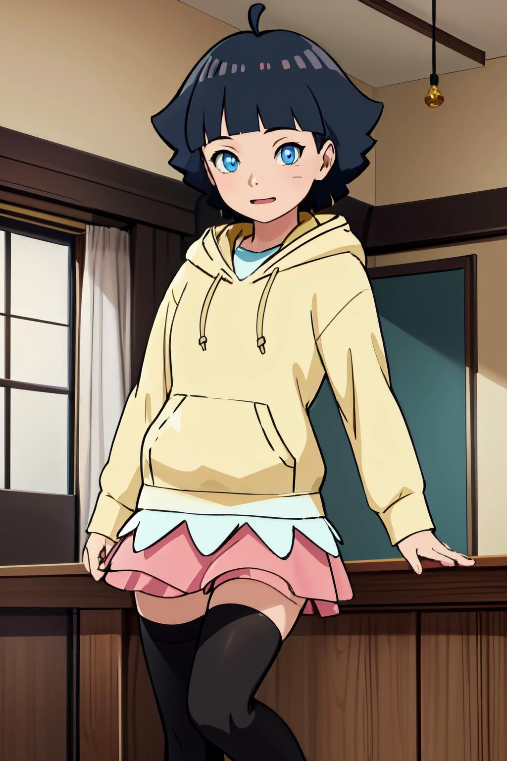 1girl, himawari, hoodie, hima-skirt, black stockings, indoors, masterpiece, best quality, detailed <lora:himawari_v25:0.7>