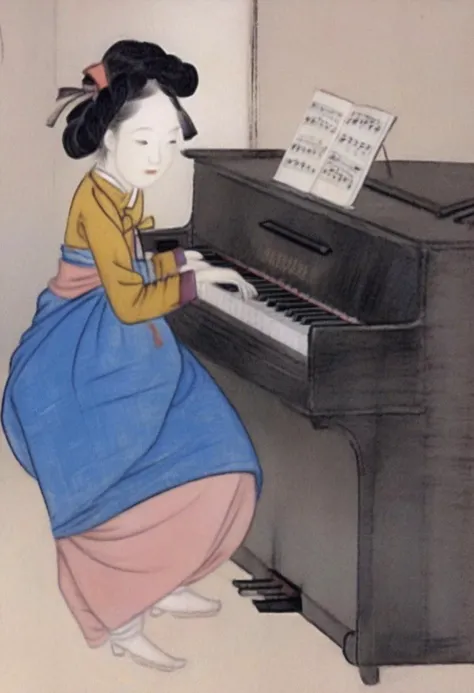 best quality, shinyunbok painting, a girl playing piano <lora:shinyunbok_lora_sdxl_beta:1>