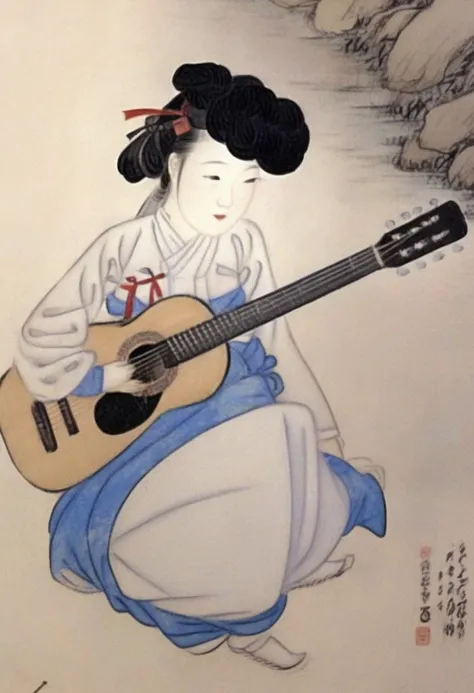best quality, shinyunbok painting, a girl playing guitar <lora:shinyunbok_lora_sdxl_beta:1>