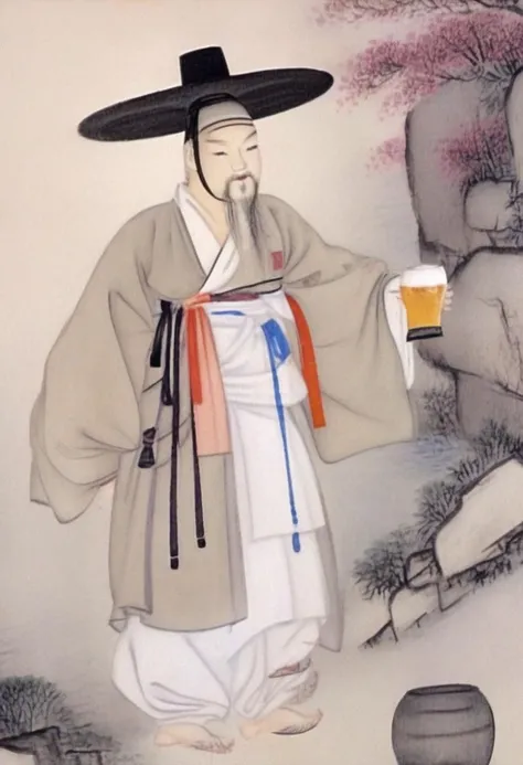 best quality, shinyunbok painting, a man with a hat holding a beer bottle <lora:shinyunbok_lora_sdxl_beta:1>