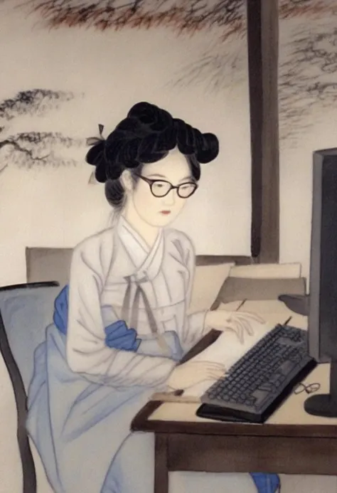 best quality, shinyunbok painting, a lady wearing glasses, her eyes fixed on the computer screen as she works tirelessly <lora:shinyunbok_lora_sdxl_beta:1>