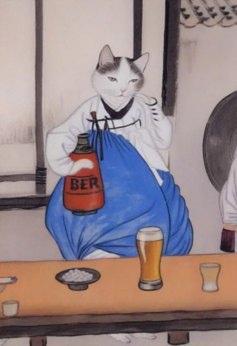 best quality, shinyunbok painting, a cat wearing dress and drinking a beer at the bar <lora:shinyunbok_lora_sdxl_beta:1>