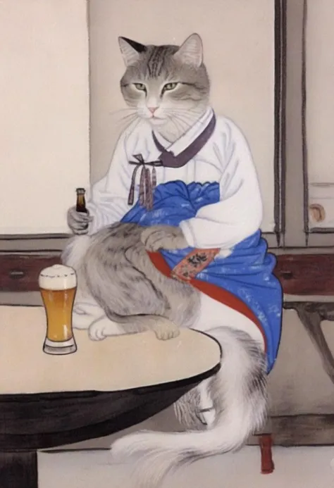 best quality, shinyunbok painting, a cat wearing dress and drinking a beer at the bar <lora:shinyunbok_lora_sdxl_beta:1>