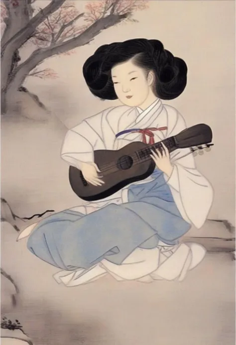 best quality, shinyunbok painting, a girl playing a guitar <lora:yunbok:1>