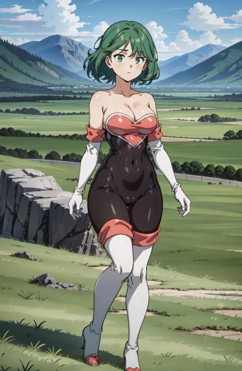 masterpiece, best quality, standing, solo, 1girl, landscape, green hill zone, grass, open field, blurry background, 
<lora:Rougecos:1> rouge-cosplay, rougecos, bodysuit, black bodysuit, white gloves, gloves, elbow gloves, sleeveless, strapless,bare shoulders, cleavage, covered navel, high heels, high heel boots, boots, thigh boots,
dark green hair, big hair