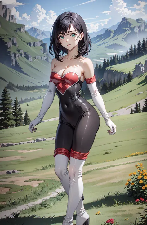 masterpiece, best quality, standing, solo, 1girl, landscape, green hill zone, grass, open field, blurry background,
<lora:Rougecos:1> rouge-cosplay, rougecos, bodysuit, black bodysuit, white gloves, gloves, elbow gloves, sleeveless, strapless,bare shoulders, cleavage, covered navel, high heels, high heel boots, boots, thigh boots,
black hair, medium hair