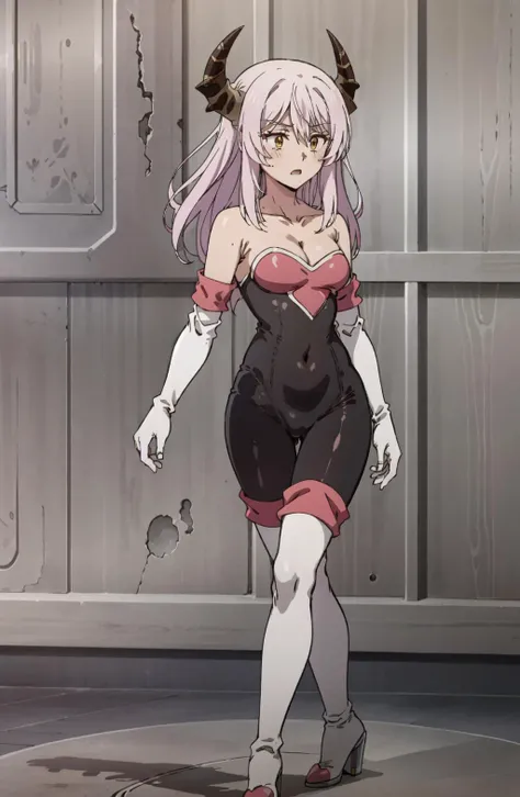 <lora:Rougecloth-10:1> rouge-cosplay, rougecos, bodysuit, high heels, high heel boots, strapless, cleavage, bare shoulders, boots, black bodysuit, knee boots, covered navel, white gloves, gloves, elbow gloves, sleeveless,
1girl, standing,
<lora:echidnaiqh:0.6> echidnaiqh, horns,