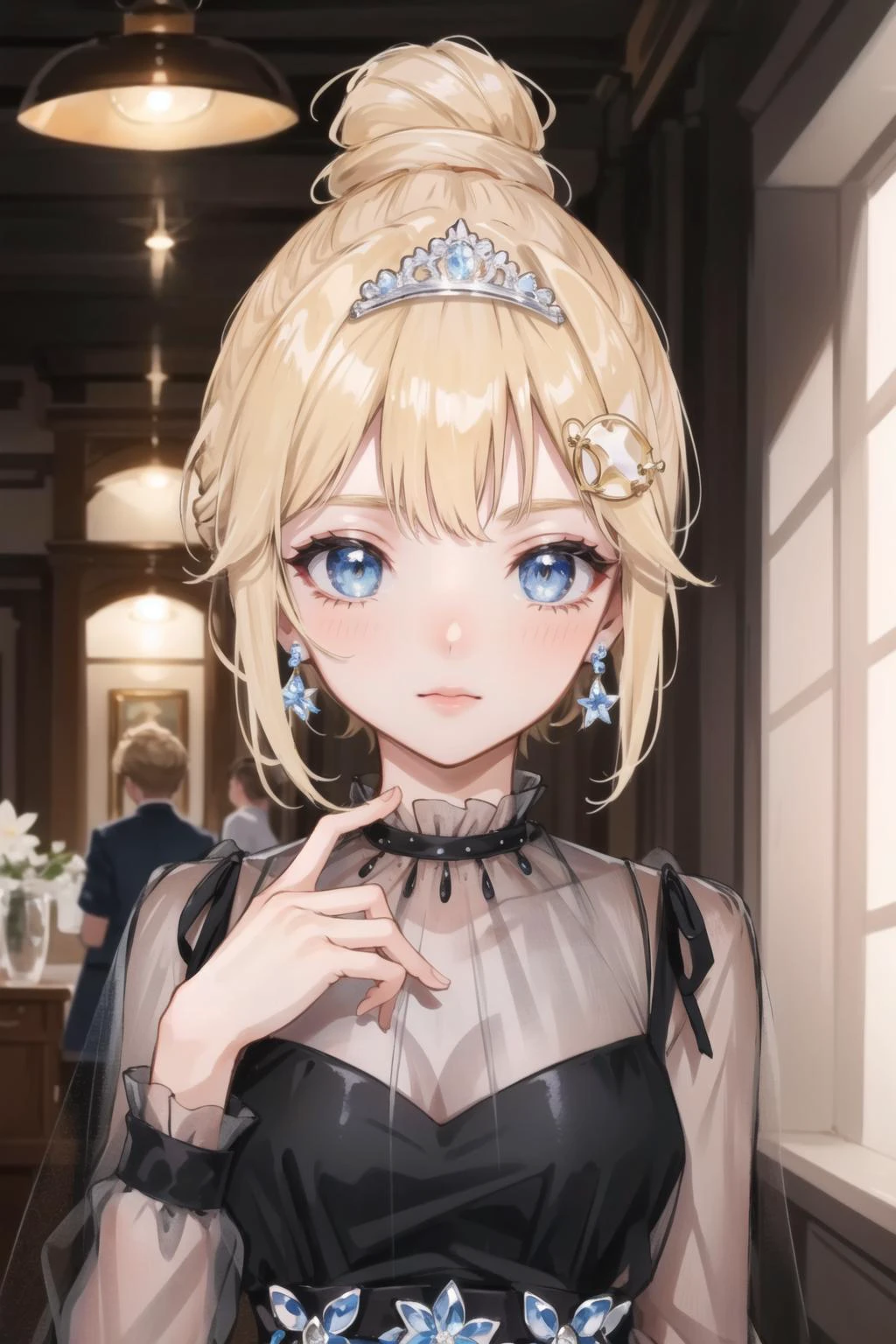 best quality, intricate details,
1girl, <lora:ameliaWatsonHololive_v2AllOutfits:0.8> amelia watson, monocle hair ornament, amelia_formal, black dress, see-through, hair bun, tiara,
<lora:oldMemesStyle_v10:0.8> old_memes style,