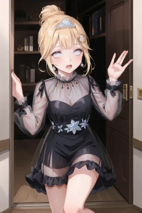 best quality, intricate details,
1girl, <lora:ameliaWatsonHololive_v2AllOutfits:0.8> amelia watson, monocle hair ornament, amelia_formal, black dress, see-through, hair bun, tiara,
<lora:surprisedblankeyes_v10:0.8> blank eyes, surprised,