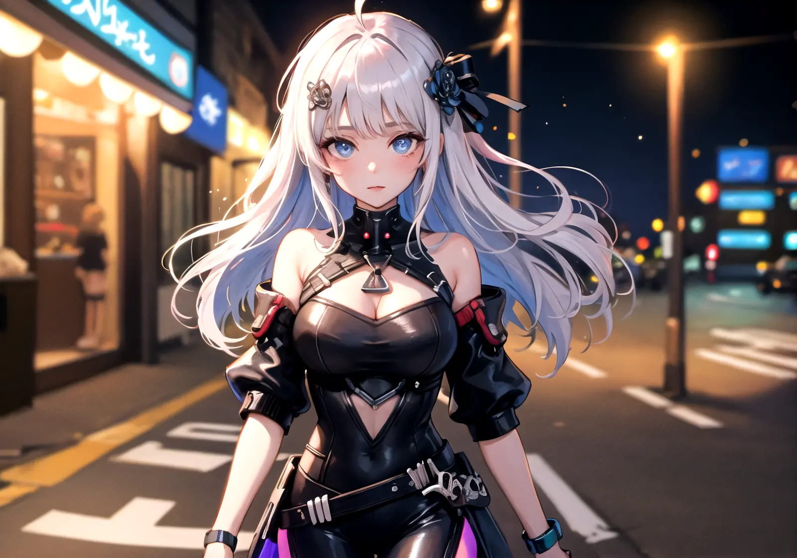 (masterpiece:1.5),(best quality:1.5),(ultra-detailed:1.5),illustration,(1girl:1.5),(solo:1.5), cyberpunk 2077,cityscape,concept art,nightcity,anime,lora,cowboy shot,perfect face,lustrous skin,long hair,beautiful detailed eyes,beautiful flowing hair,(holographic),(holographic clothing:1.2),(bloom),lighting, ray tracing,outdoors,neon lights, light particles,absurdism,hair ornament, hair ribbon,looking at viewer,ahoge,large breasts, (deep depth of field:1.5),
