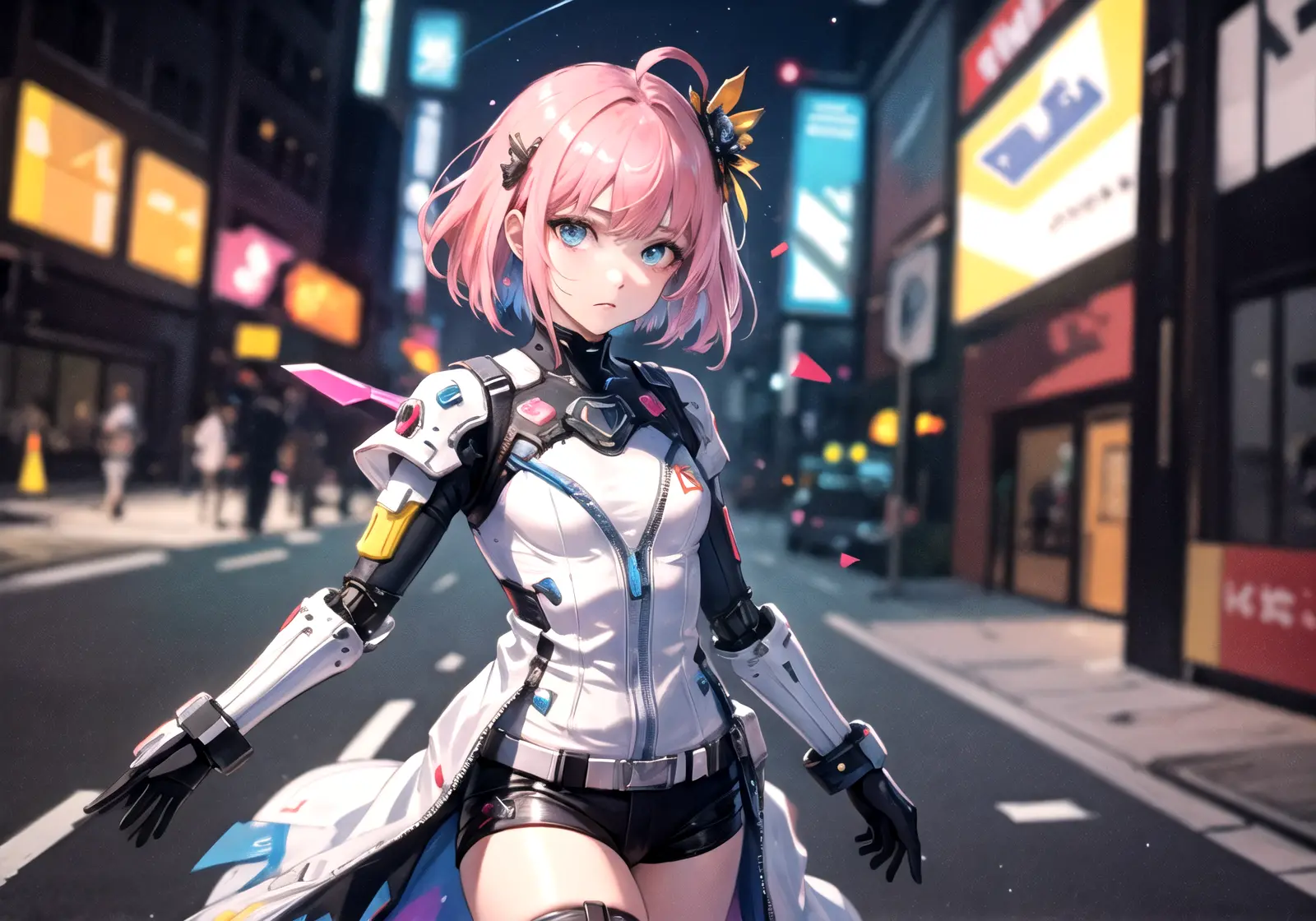 (masterpiece:1.5),(best quality:1.5),(ultra-detailed:1.5),illustration,(1girl:1.5),(solo:1.5), cyberpunk 2077,cityscape,concept art,nightcity,anime,lora,cowboy shot,perfect face,lustrous skin,short hair,beautiful detailed eyes,beautiful flowing hair, mecha, mecha musume, mechanical arms, Pink hair, frown, (holographic),(holographic clothing:1.2),(bloom),lighting, ray tracing,outdoors,neon lights, light particles,absurdism,hair ornament, hair ribbon,looking at viewer,ahoge,small breasts, (deep depth of field:1.5),