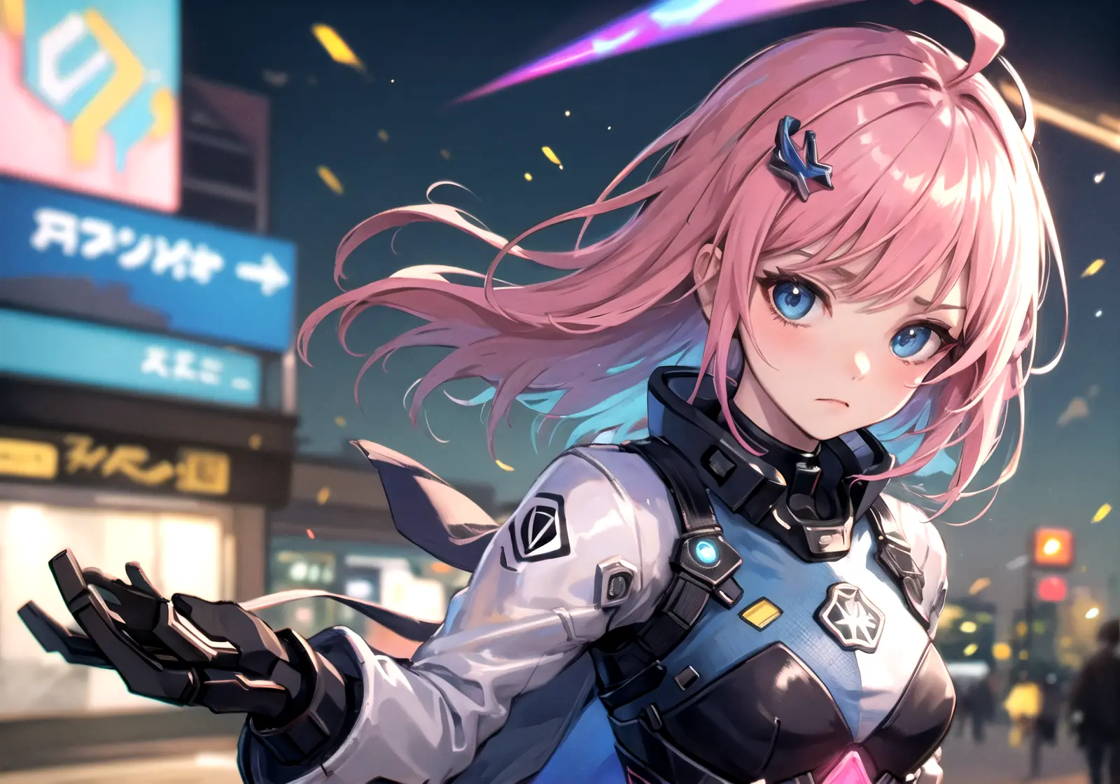 (masterpiece:1.5),(best quality:1.5),(ultra-detailed:1.5),illustration,(1girl:1.5),(solo:1.5), cyberpunk 2077,cityscape,concept art,nightcity,anime,lora,portait, upper body, close up, blue eyes,perfect face,lustrous skin,short hair,beautiful detailed eyes,beautiful flowing hair, mecha, mecha musume, mechanical arms, Pink hair, frown, (holographic),(holographic clothing:1.2),(bloom),lighting, ray tracing,outdoors,neon lights, light particles,absurdism,hair ornament, hair ribbon,looking at viewer,ahoge,small breasts, (deep depth of field:1.5),