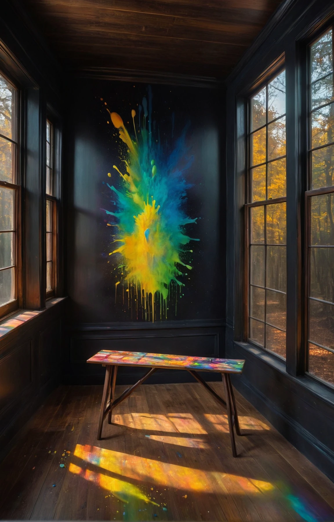 Disco-themed , (bright splash, paint smears, paint smudges), Cabincore aesthetic, stunning background. dark and moody, a mesmerizing blend of light and shadow. masterpiece, absurdres, intricate details <lora:colorSplash:0.7> . Vibrant, groovy, retro 70s style, shiny disco balls, neon lights, dance floor, highly detailed