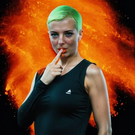 portrait of zlata with stern shush in __clothes-casual__, neon orange splash, dark background <lora:colorSplash:1> . 35mm photograph, film, bokeh, professional, shot by richard renaldi, 4k, highly detailed