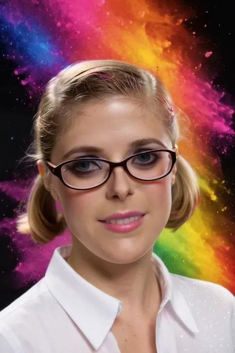 penny pax in glasses wearing white shirt, rainbow splash, dark background <lora:pennyPax:1> <lora:colorSplash:1> . 35mm photograph, film, bokeh, professional, shot by albert watson, 4k, highly detailed