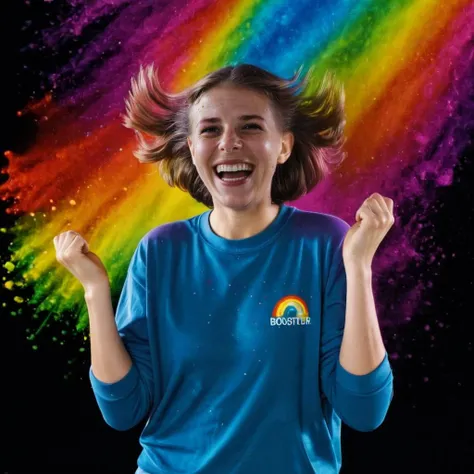 portrait of millie with boisterous laughter in __clothes-casual__, rainbow splash, dark background <lora:colorSplash:1> . 35mm photograph, film, bokeh, professional, shot by vanessa winship, 4k, highly detailed