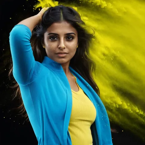 portrait of eesha with sniffly sniffle in __clothes-casual__, blue and yellow splash, dark background <lora:colorSplash:1> . 35mm photograph, film, bokeh, professional, shot by jimmy nelson, 4k, highly detailed