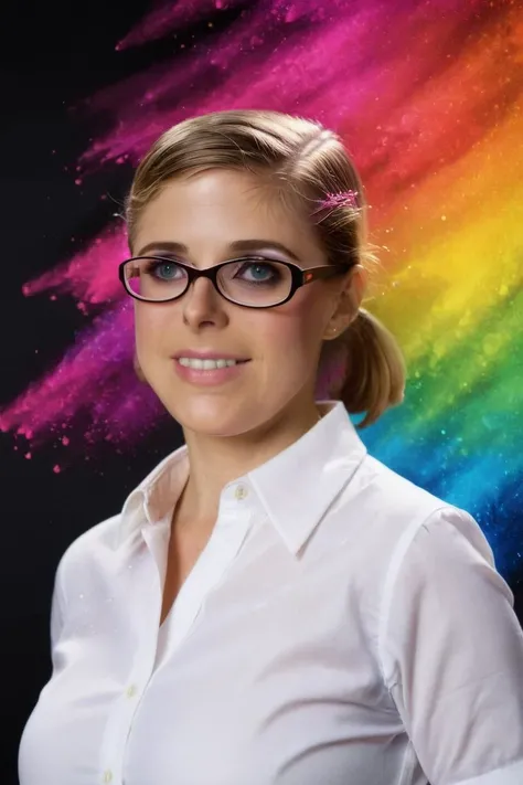 penny pax in glasses wearing white shirt, rainbow splash, dark background <lora:pennyPax:1> <lora:colorSplash:1> . 35mm photograph, film, bokeh, professional, shot by brian duffy, 4k, highly detailed