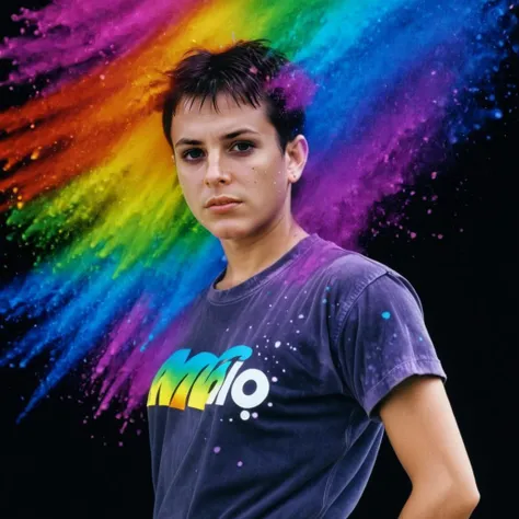 portrait of mio with deep frown in __clothes-casual__, rainbow splash, dark background <lora:colorSplash:1> . 35mm photograph, film, bokeh, professional, shot by arthur elgort, 4k, highly detailed