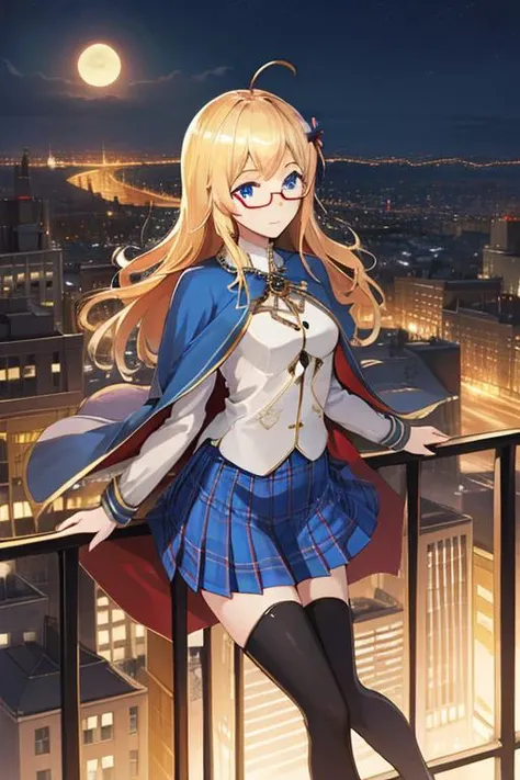 HMS hood \(warship girls r\),remodel_uniform,
best quality,masterpiece,ultra-detailed,illustration,highly detailed,photo,8k_wallpaper,absurdres,artbook
1girl, solo, blonde hair,hair ornament,blue eyes, long hair, hair flower, red-framed eyewear, capelet,ahoge,blue plaid pleated skirt, smile,white high heel boots,medium breasts,long sleeves,zettai ryouiki,gold trim,
outdoors, balcony, night,cityscape,night sky,sky,city lights,railing,city,water,building,skyline, <lora:HMS hood warship girls r_06182_14:0.7>