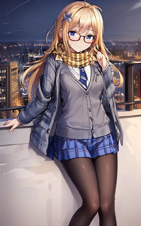 HMS hood \(warship girls r\),valentine_uniform,
best quality, masterpiece, photo,2K wallpaper,
1girl, solo,hair flower, hair ornament,long blonde hair, blue eyes,black pantyhose, brown loafers,blue plaid pleated skirt, ahoge,smile,open clothes, bangs, cardigan, long sleeves, looking at viewer,blush,white shirt,striped, jacket,buttons, orange plaid scarf,hand up,shiny, blazer, blue striped necktie,striped bow, holding envelope,hair twirling, grey cardigan,
outdoors, balcony, night,cityscape,night sky,sky,city lights,railing,city,water,building,skyline, <lora:HMS hood warship girls r_06182_17:0.7>