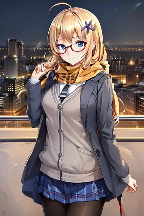 HMS hood \(warship girls r\),valentine_uniform,
best quality, masterpiece, photo,2K wallpaper,
1girl, solo,hair flower, hair ornament,long blonde hair, blue eyes,black pantyhose, brown loafers,blue plaid pleated skirt, ahoge,smile,open clothes, bangs, cardigan, long sleeves, looking at viewer,blush,white shirt,striped, jacket,buttons, orange plaid scarf,hand up,shiny, blazer, blue striped necktie,striped bow, holding envelope,hair twirling, grey cardigan,
outdoors, balcony, night,cityscape,night sky,sky,city lights,railing,city,water,building,skyline, <lora:HMS hood warship girls r_06182_17:0.7>