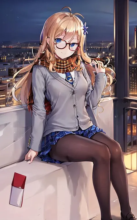 HMS hood \(warship girls r\),valentine_uniform,
best quality,masterpiece,ultra-detailed,illustration,highly detailed,photo,2K wallpaper,
1girl, solo,hair flower, hair ornament,long blonde hair, blue eyes,black pantyhose, brown loafers,blue plaid pleated skirt, ahoge,smile,open clothes, bangs, cardigan, long sleeves, looking at viewer,blush,white shirt,striped, jacket,buttons, orange plaid scarf,hand up,shiny, blazer, blue striped necktie,striped bow, holding envelope,hair twirling, grey cardigan,
outdoors, balcony, night,cityscape,night sky,sky,city lights,railing,city,water,building,skyline, <lora:HMS hood warship girls r_06182_17:0.7>