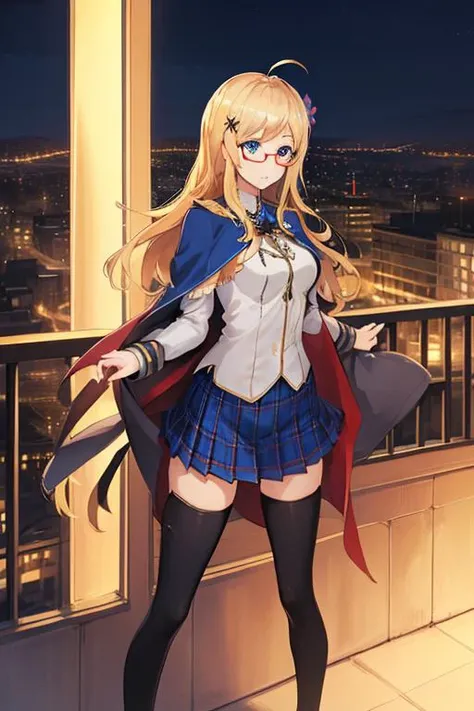 HMS hood \(warship girls r\),valentine_uniform,
best quality,masterpiece,ultra-detailed,illustration,highly detailed,photo,8k_wallpaper,absurdres,artbook
1girl, solo, blonde hair,hair ornament,blue eyes, long hair,plaid, hair flower, red-framed eyewear, capelet,white thighhighs,ahoge,blue plaid pleated skirt, smile,white high heel boots,medium breasts,long sleeves,zettai ryouiki,shirt,gold trim,
outdoors, balcony, night,cityscape,night sky,sky,city lights,railing,city,water,building,skyline, <lora:HMS hood warship girls r_06182_17:0.7>