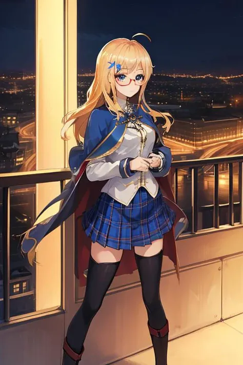 HMS hood \(warship girls r\),valentine_uniform,
best quality,masterpiece,ultra-detailed,illustration,highly detailed,photo,8k_wallpaper,absurdres,artbook
1girl, solo, blonde hair,hair ornament,blue eyes, long hair, hair flower, red-framed eyewear, capelet,ahoge,blue plaid pleated skirt, smile,white  high heel boots,medium breasts,long sleeves,zettai ryouiki,shirt,gold trim,
outdoors, balcony, night,cityscape,night sky,sky,city lights,railing,city,water,building,skyline, <lora:HMS hood warship girls r_06182_17:0.7>