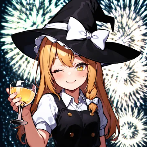 <lora:xl_The Great Gatsby Toasting meme(a3):1>,solo,cup,drinking glass,fireworks,wine glass,one eye closed,smile,alcohol,holding,looking at viewer,upper body,holding cup, masterpiece,best quality,
<lora:kirisame_marisa_image6213_2023-12-11:1>, kirisame marisa, 1girl, witch_hat, hat_bow, black_headwear, white_bow, hair_bow, puffy_short_sleeves, black_vest, yellow eyes, long hair, mature