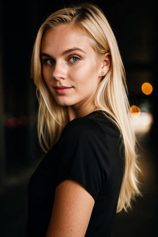 super cute blond woman in a dark theme